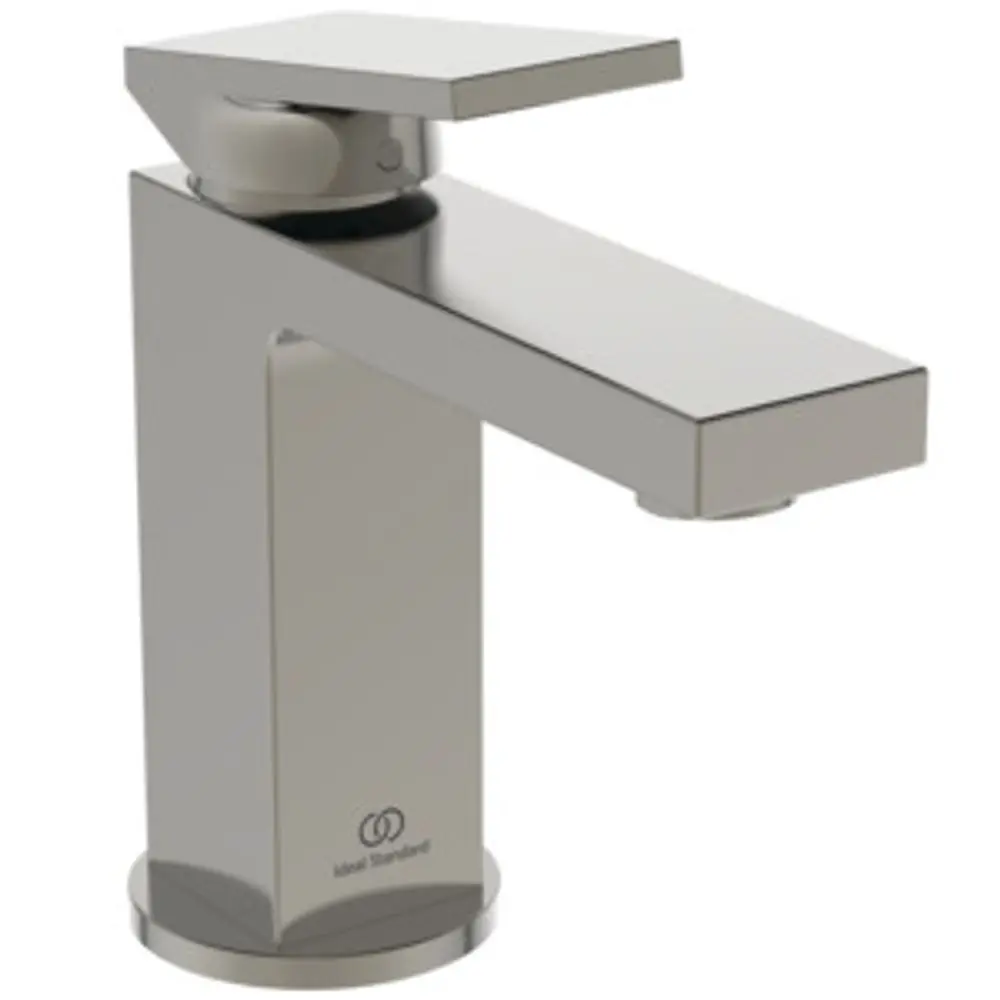 Edelstahl-Waschbeckenarmatur mit quadratischem Auslauf und einer Bedienungshandgriffen, Marke Ideal Standard.